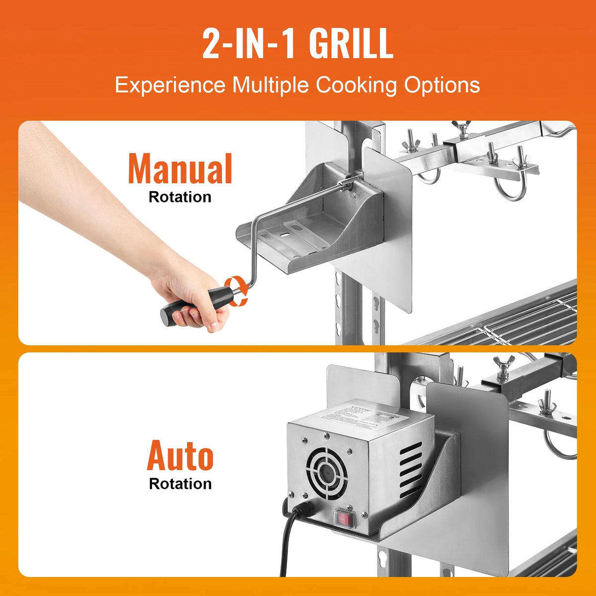 VEVOR Rotisserie Grill with Windscreen, BBQ Whole Pig Lamb Goat Charcoal Spit Grill, 46 Inch 132 Lbs Capacity, Electric 52W Motor Stainless Steel Roaster with Lockable Wheels, for Camping Outdoor