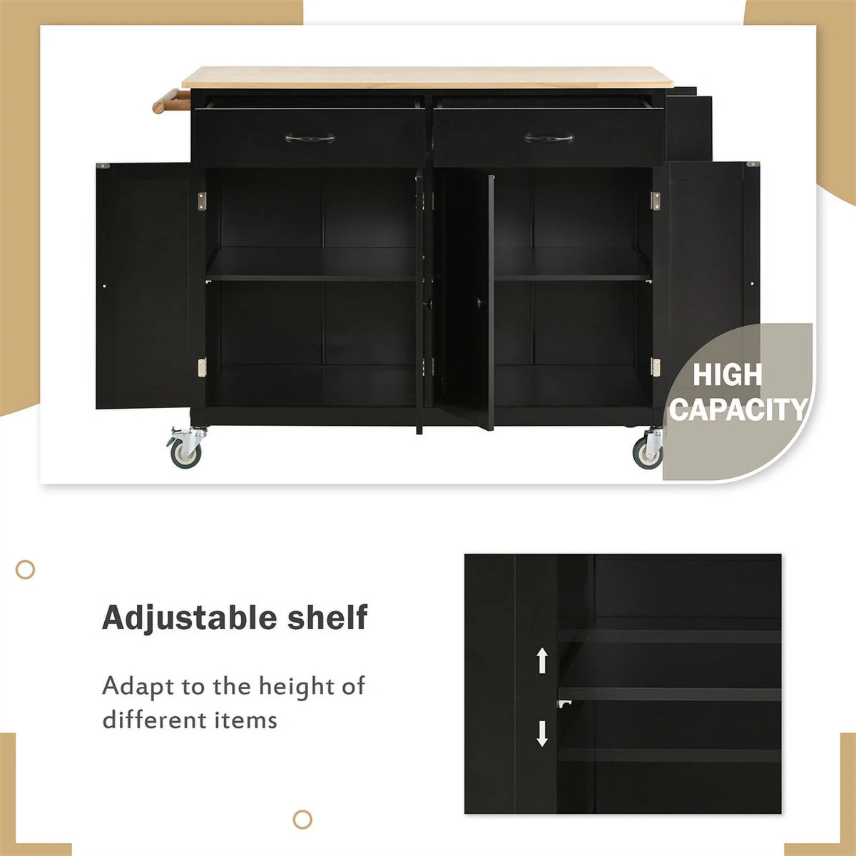 Kitchen Storage Islands&Carts with Solid Wood Top and Locking Wheels, Kitchen Island Cart with 4 Door Cabinet and Two Drawers, Kitchen Cabinets for Kitchen and Dining Room, Green