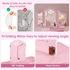 Arlopu Kids Vanity Set with Stool, Wooden Makeup Vanity Desk Children Dressing Table with Chair, Tri-Folding Mirror, Storage Cabinet & Drawers
