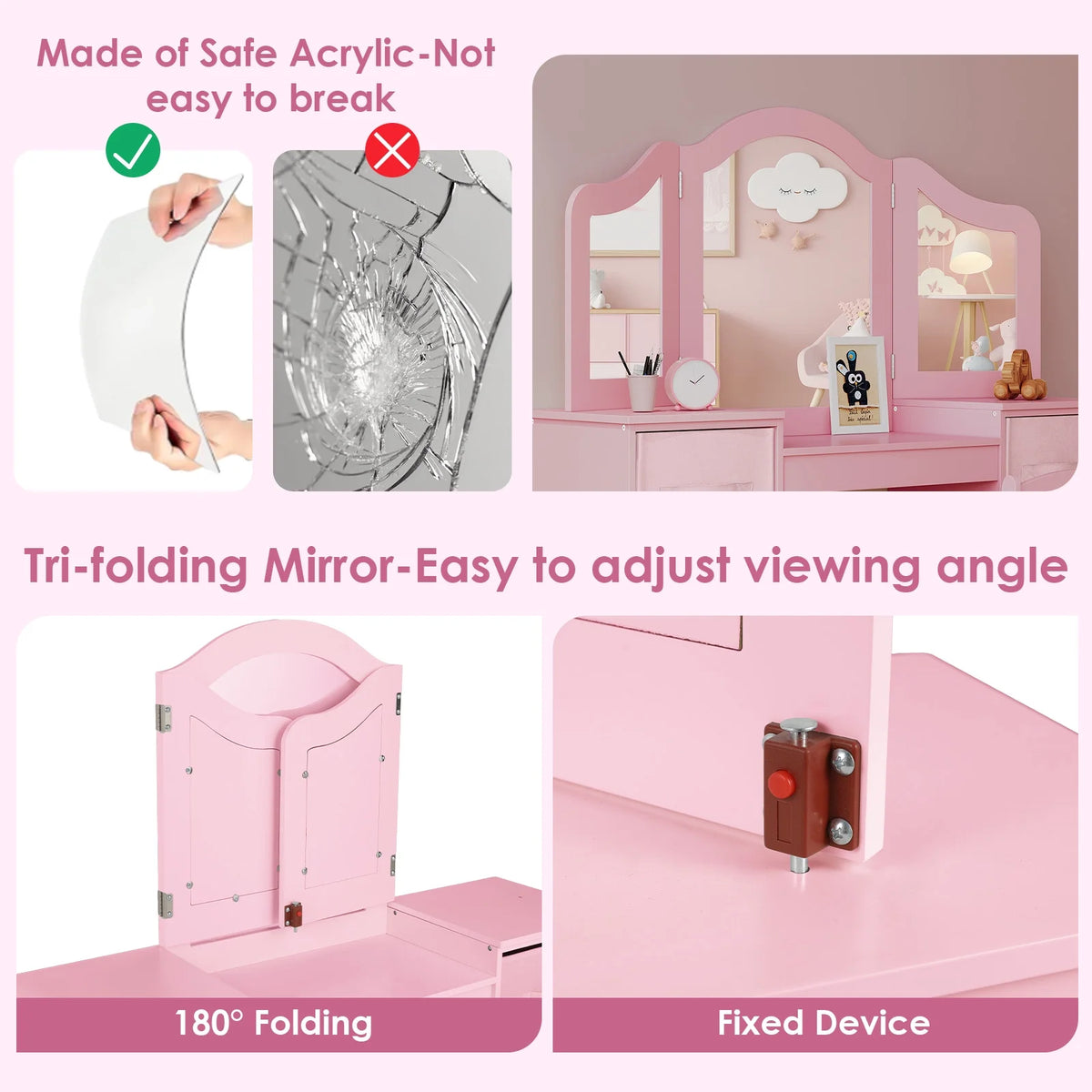 Arlopu Kids Vanity Set with Stool, Wooden Makeup Vanity Desk Children Dressing Table with Chair, Tri-Folding Mirror, Storage Cabinet & Drawers