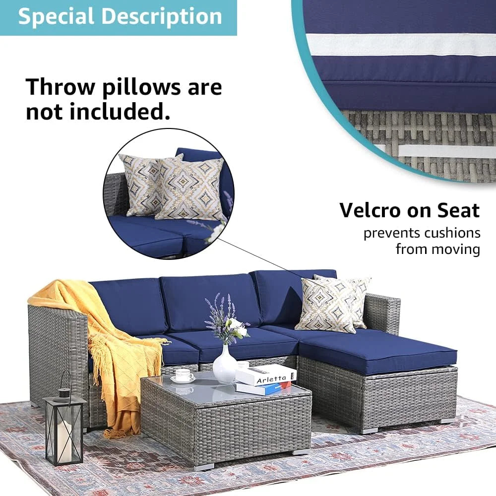 Patiorama 5-Piece Patio Furniture Set, Outdoor Sectional Conversation Set, All-Weather Grey PE Wicker with Light Grey Cushions, Backyard Porch Garden