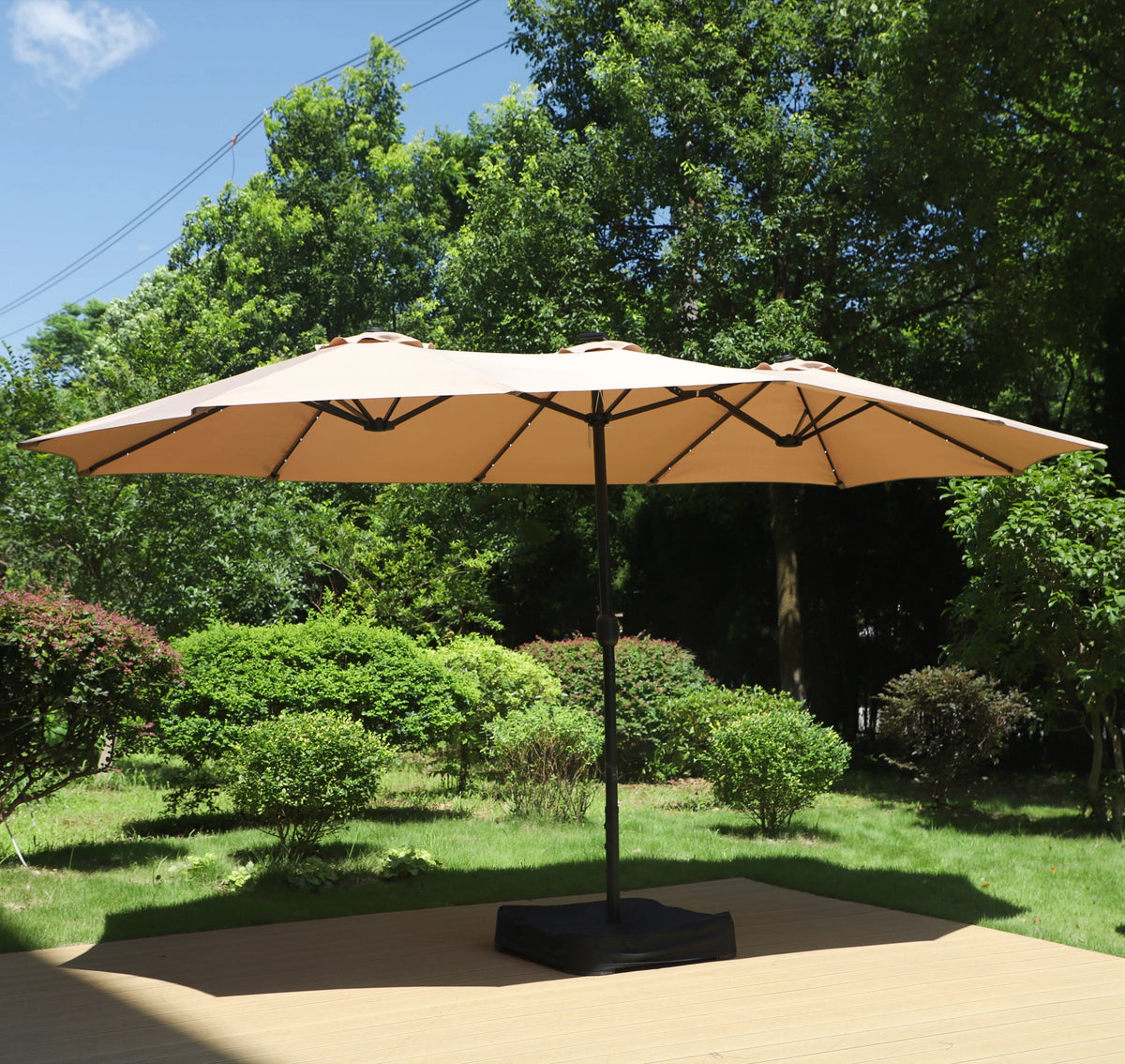 Summit Living 15 FT Double-Sided Solar Patio Umbrella with Base Large Outdoor Umbrella with LED Solar Lights - Haze Blue