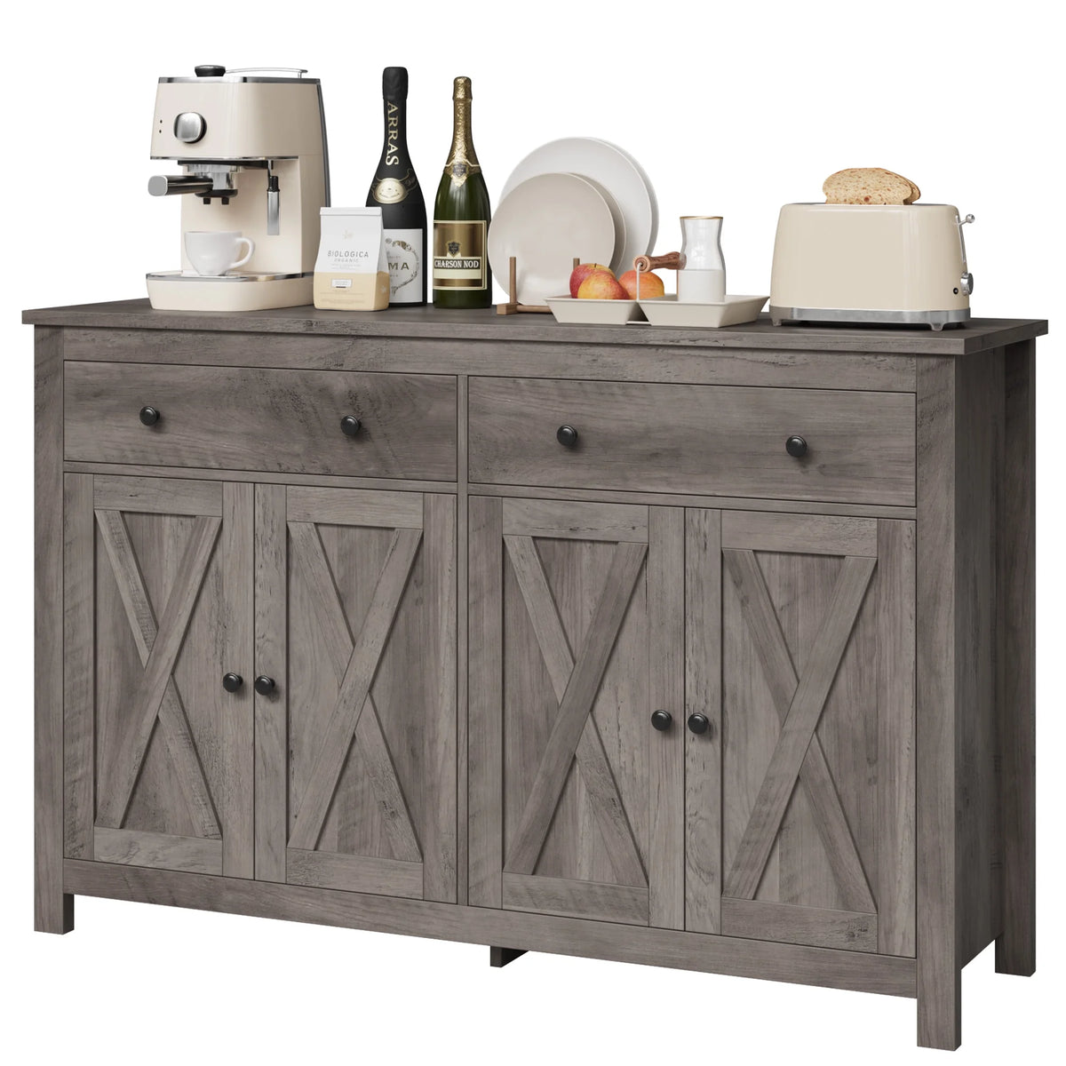 Homfa 55.1'' W Farmhouse Storage Cabinet, 4-Doors 2-Drawers Wood Sideboard with Adjustable Shelves for Kitchen Dining Room, White