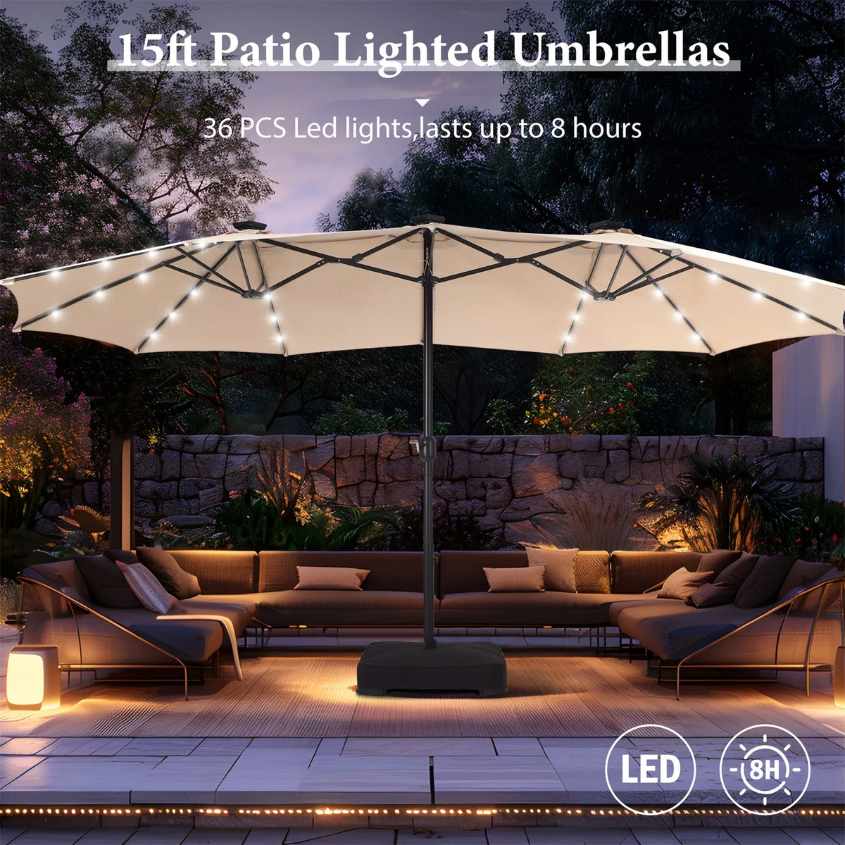 Summit Living 15 FT Double-Sided Solar Patio Umbrella with Base Large Outdoor Umbrella with LED Solar Lights - Haze Blue
