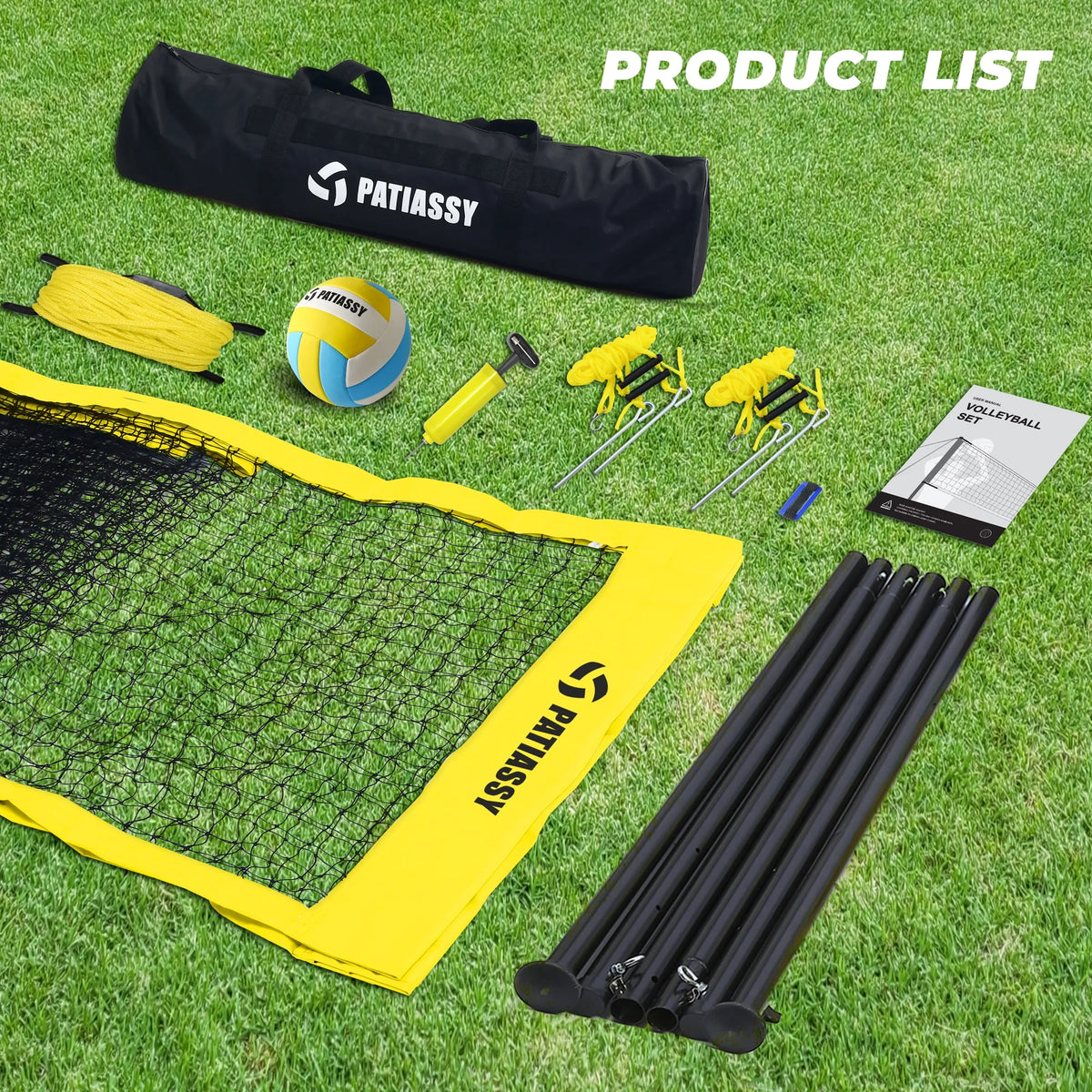 Patiassy Outdoor Portable Volleyball Net Set System for Backyard - Quick & Easy Setup Adjustable Height Steel Poles, PU Volleyball, Pump and Carrying Bag