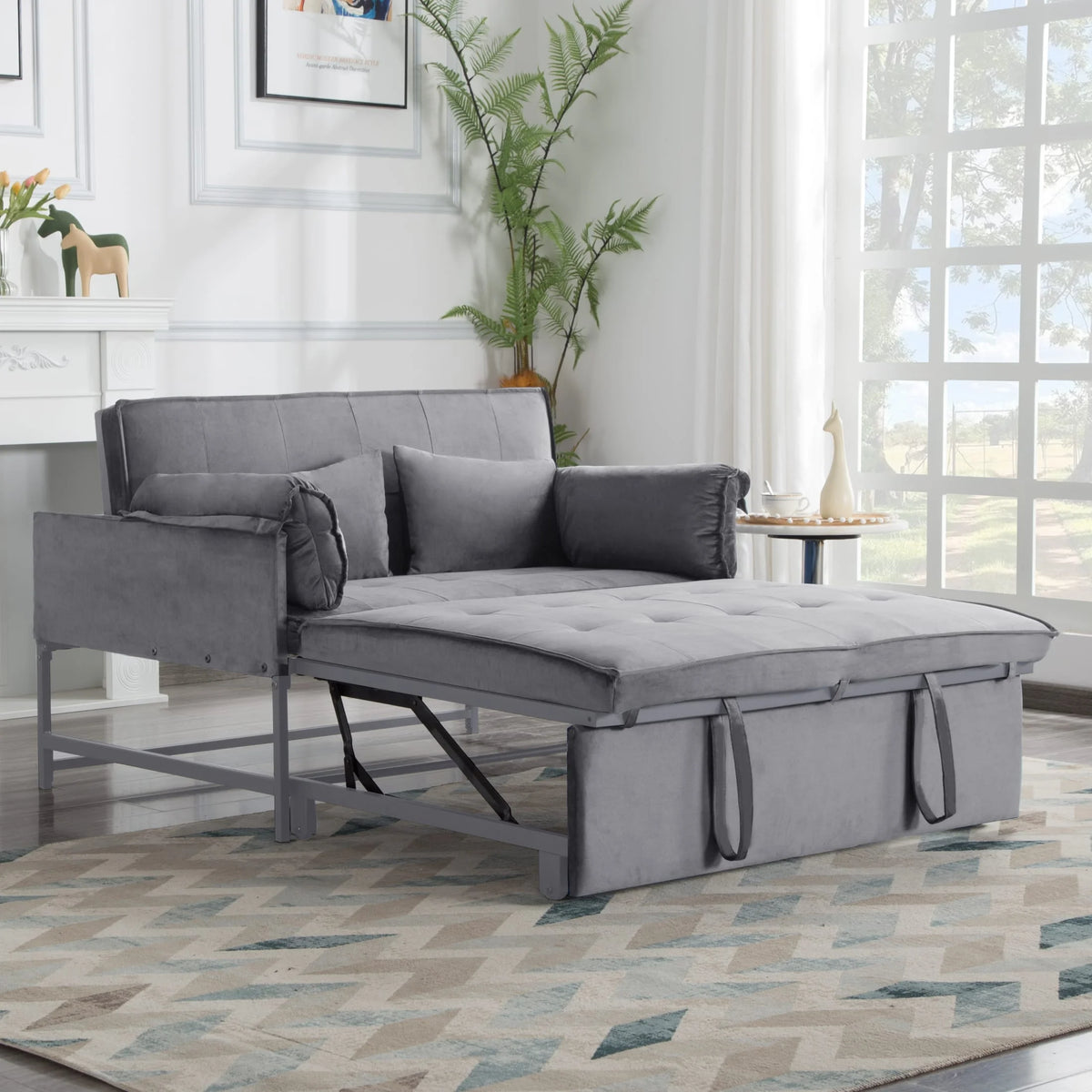 Gewnee 55'' Modern Convertible Velvet Sofa Bed with Pull-Out Twin Bed, Adjustable Backrest for Living Room, Office (Dark Gray)
