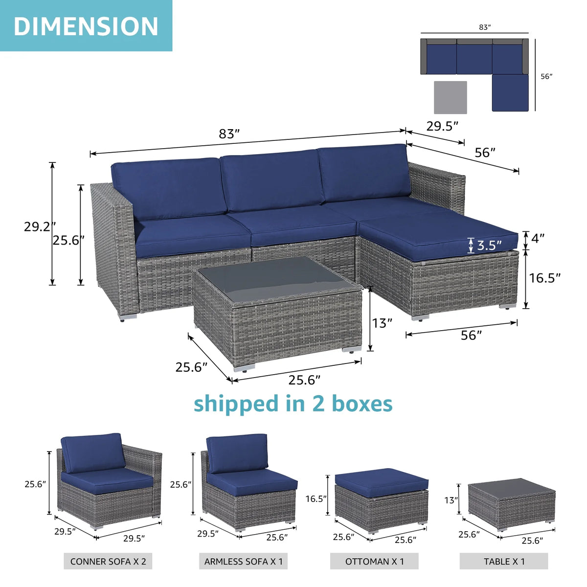 Patiorama 5-Piece Patio Furniture Set, Outdoor Sectional Conversation Set, All-Weather Grey PE Wicker with Light Grey Cushions, Backyard Porch Garden