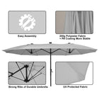 Mondawe 15ft Patio Umbrella, Large Double-Sided Solar LED Outdoor Umbrella with Fiberglass Ribs and Base for Deck Pool, Navy Blue