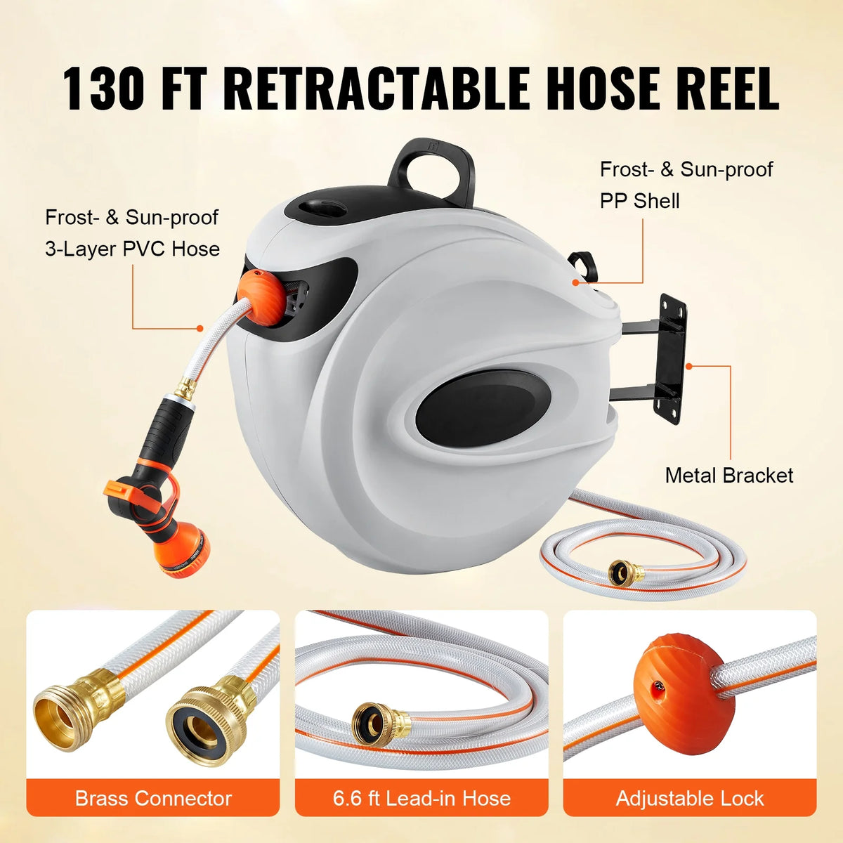KFFKFF Retractable Hose Reel Water Hose Reel 130'x1/2" 180�� Swivel Wall Mount