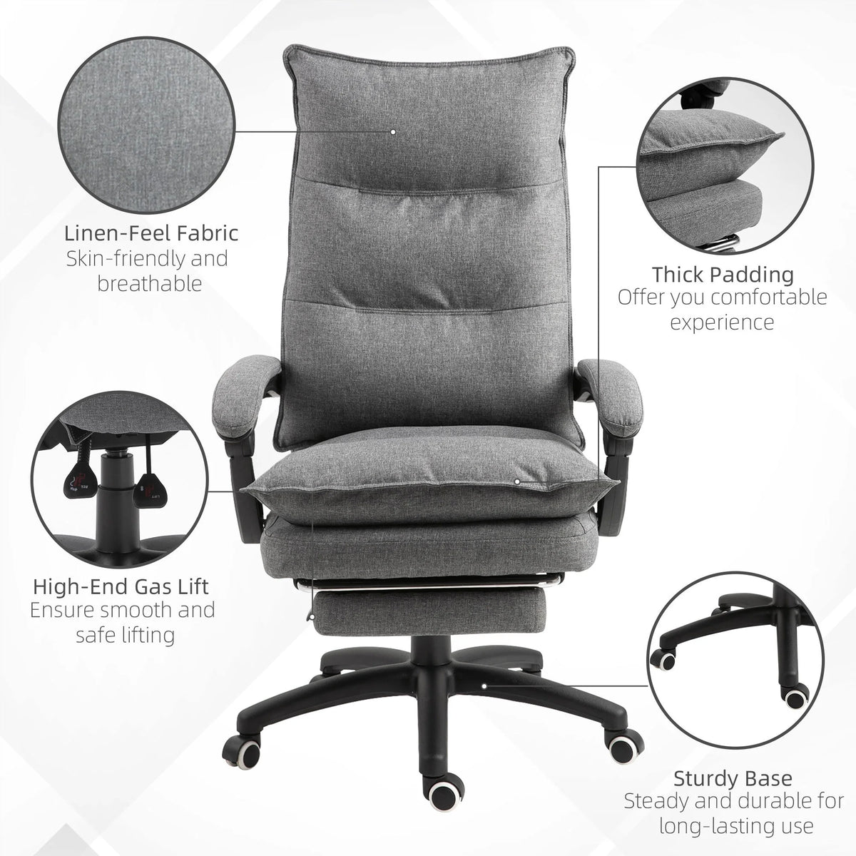 Office Chair Vinsetto 360�� Swivel Executive Home Office Chair Adjustable Height Linen Style Fabric Recliner with Retractable Footrest and Double Padding, Grey,Ergonomic Office Chair