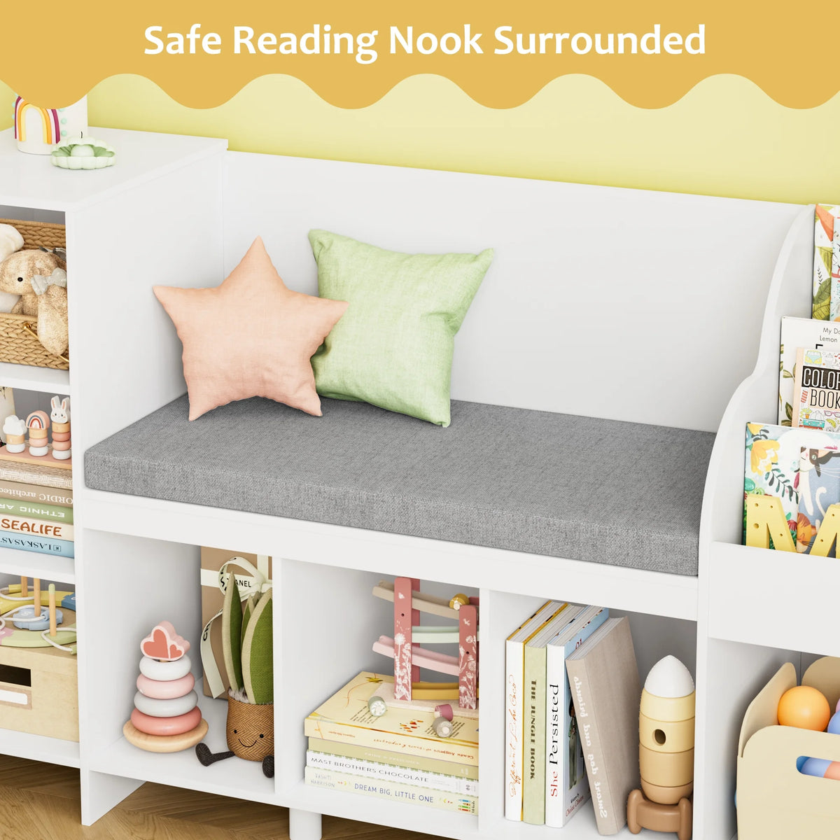 Homfa Kids Bookcase with Reading Nook, Wooden Kids Bookshelf and Storage Toy Cube Organization with Adjustable Shelf, 31.5'' H x 54.5'' W, White