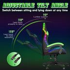 Bigzzia Gaming Chair with LED Lights Ergonomic Office Chair for Adults and Kids - Adjustable Height, 360�� Swivel, Headrest Support, Mesh PU Leather, Black & Green