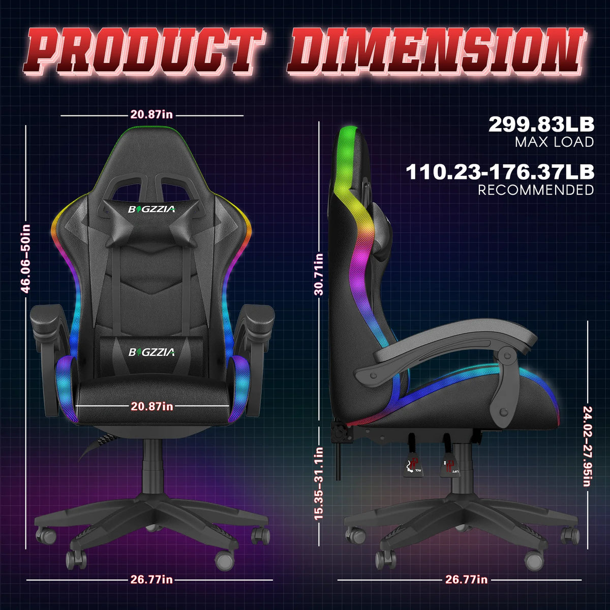 Bigzzia Gaming Chair with LED Lights Ergonomic Office Chair for Adults and Kids - Adjustable Height, 360�� Swivel, Headrest Support, Mesh PU Leather, Black & Green