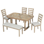 Bellemave 6-Piece Dining Table Set, Rubber Wood Rectangular Kitchen Table Set for 6, Farmhouse Dining Table Set with 4 Upholstered Chairs and Bench (Gray)