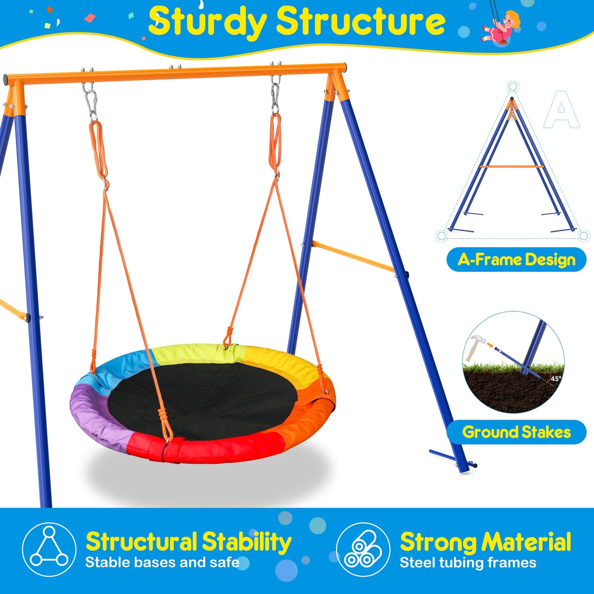 GIKPAL Swing Sets for Outside 440lbs Swing Set for 2-3 Kids Outdoor with Heavy-Duty Metal Frame & Adjustable Ropes Round Swing, Rainbow