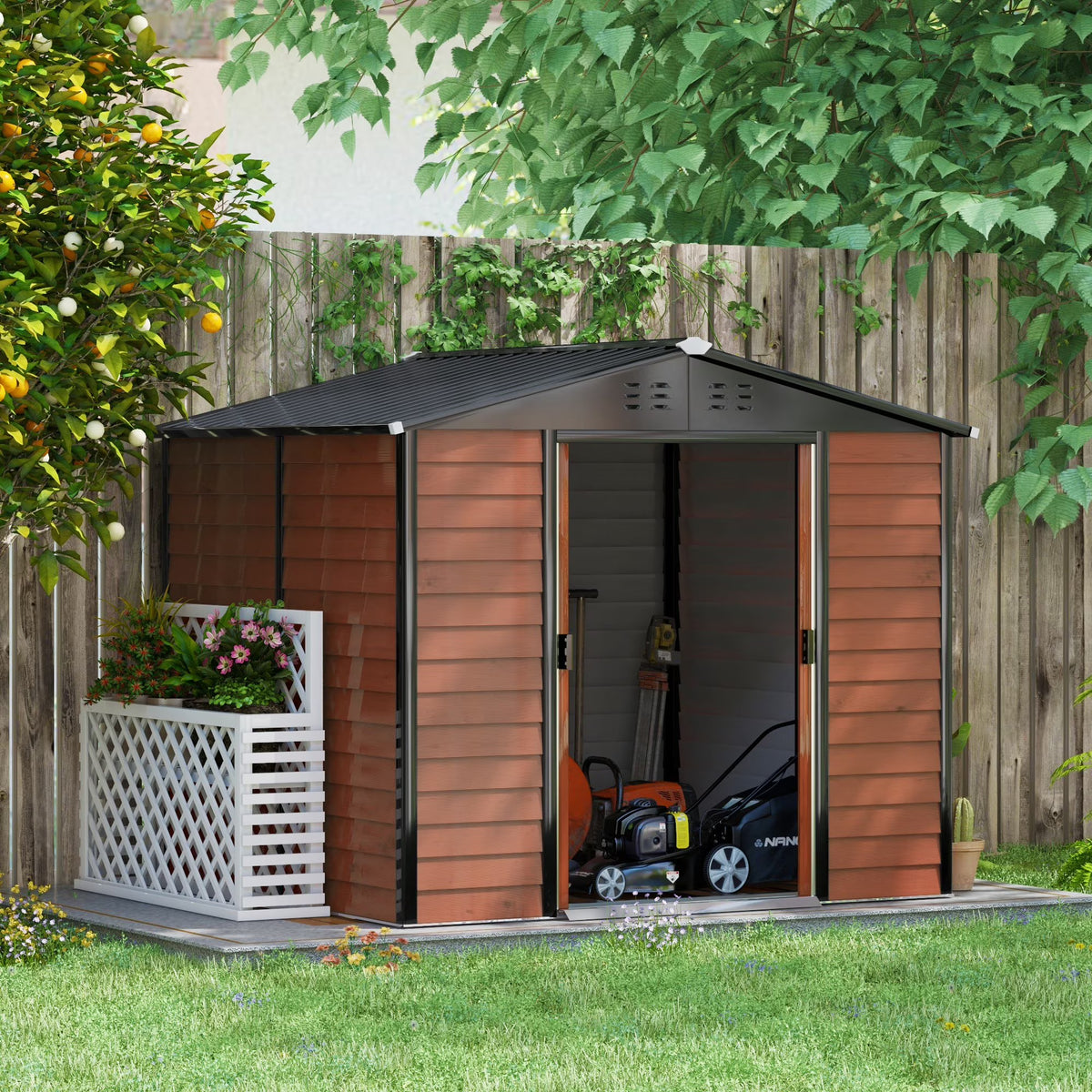 Outsunny 7' x 4' Metal Storage Shed Organizer, Garden Tool House with 4 Vents and 2 Sliding Doors for Backyard, Patio, Garage, Lawn, Dark Gray