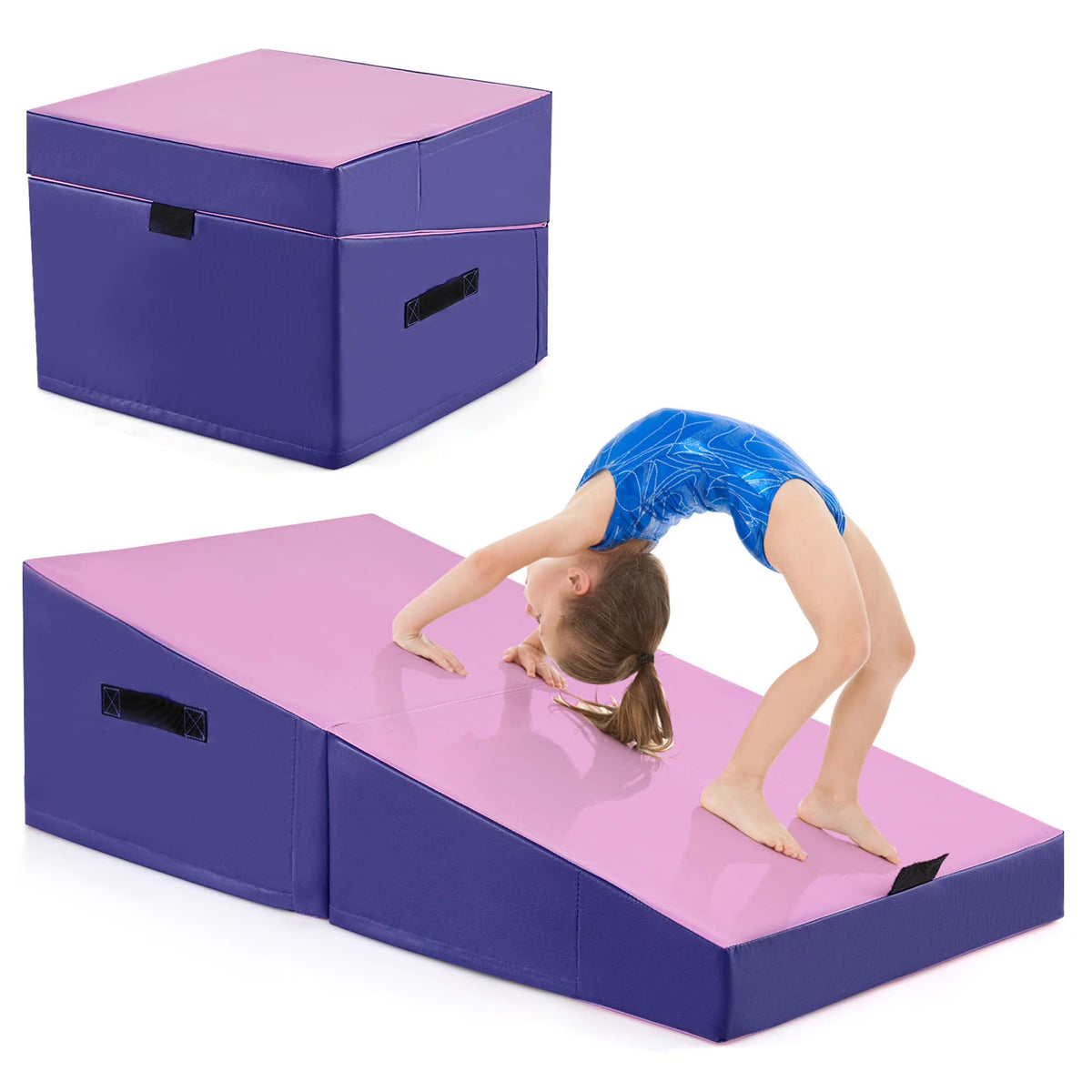 Costway Gymnastics Tumbling Mat Folding Incline Yoga Mat with Non-slip PVC Leather Pink