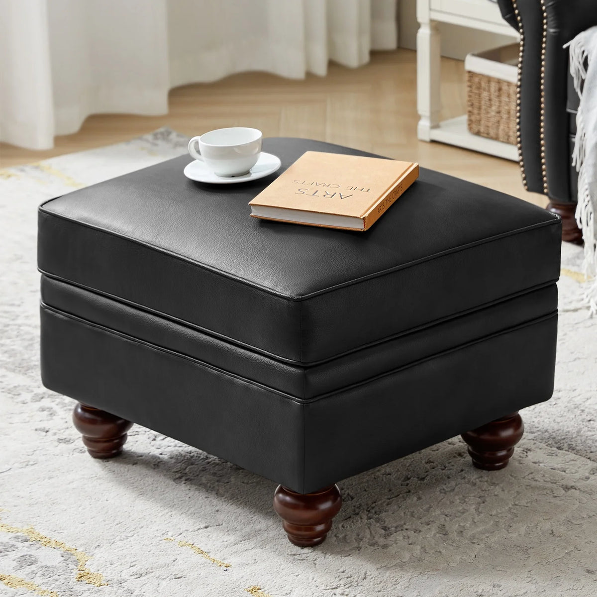 36'' Wide Blue Round Large Ottoman Tufted Coffee Table with Storage Wood Legs Home Living Room