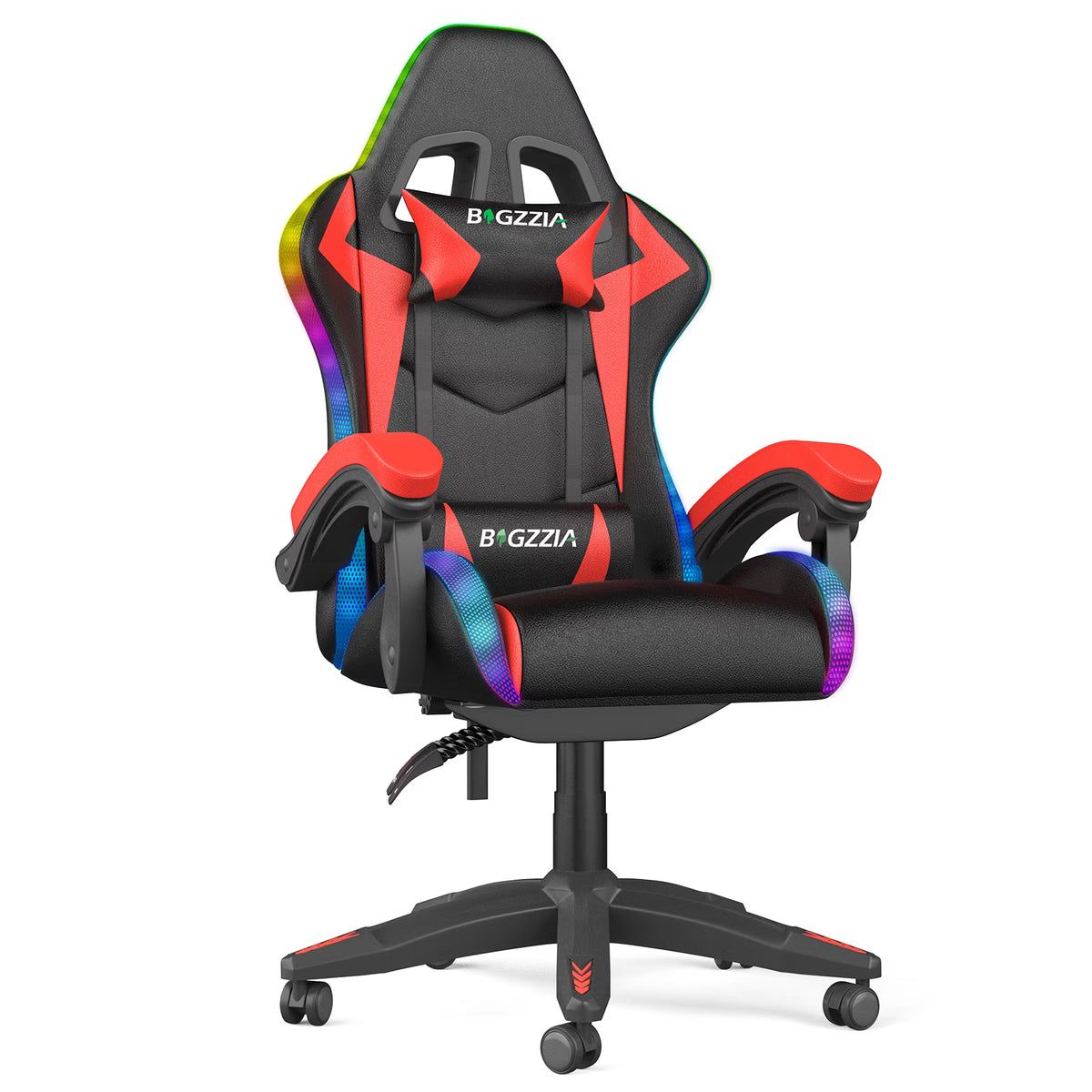 Bigzzia Gaming Chair with LED Lights Ergonomic Office Chair for Adults and Kids - Adjustable Height, 360�� Swivel, Headrest Support, Mesh PU Leather, Black & Green