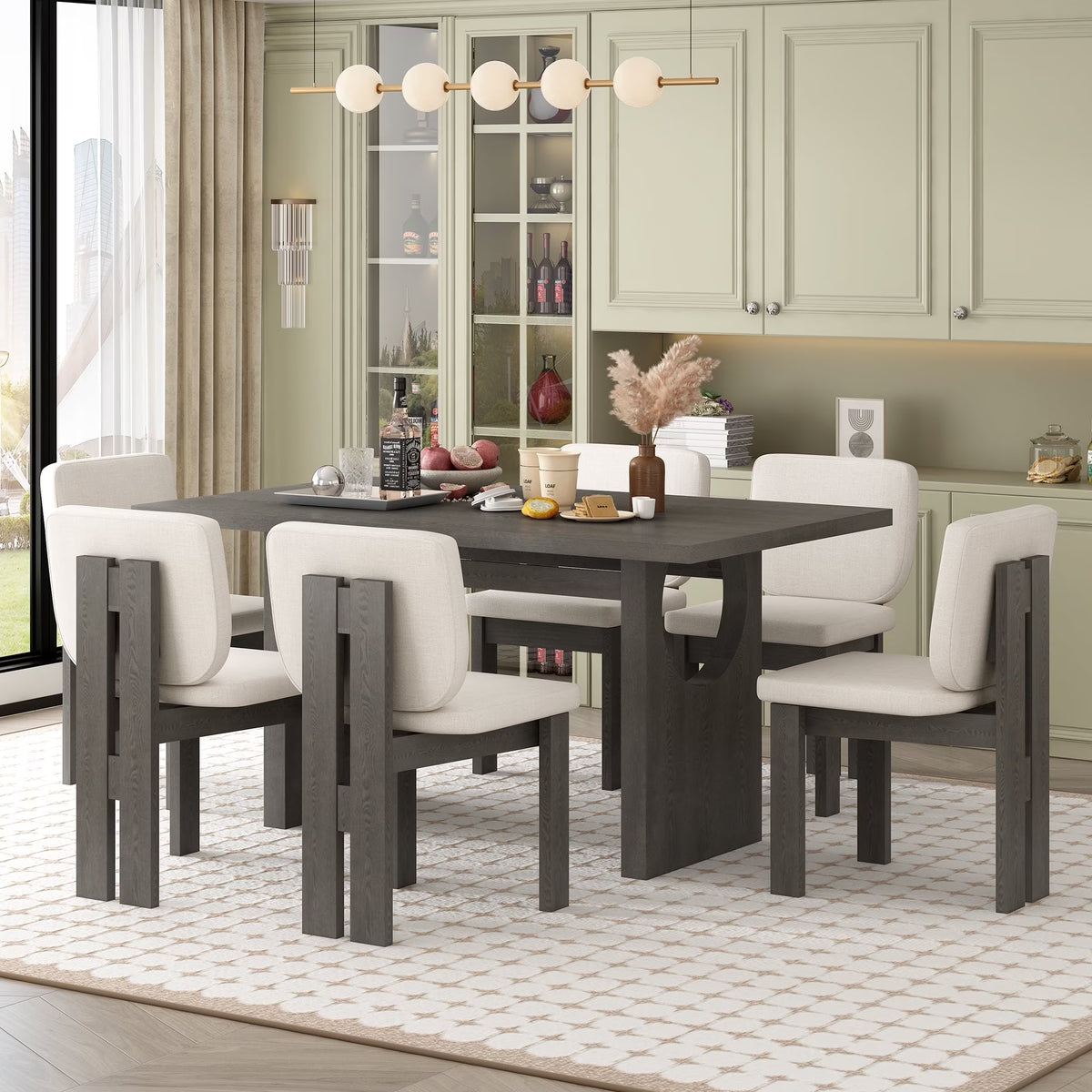 Harper & Bright Designs Farmhouse 7 Pieces Extendable Dining Table Set for 6, Solid Wood Kitchen Table with Butterfly Leaf and 6 Upholstered Chairs, Brown