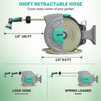 AUOSHI Retractable Garden Hose Reel 1/2" 100ft Automatic Hose Reel with 10 Function Sprayer Nozzle Wall Mount 180 Deg Swivel Bracket Hose Reel with Any Length Lock Slow Return System