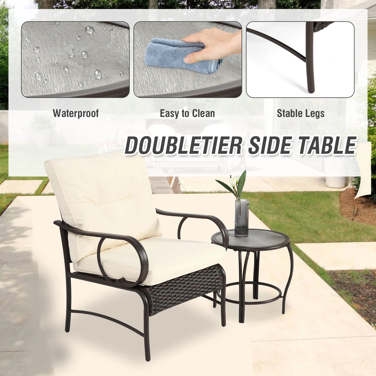 Villeston 3 Piece Outdoor Wicker Conversation Patio Set, with 2 Chairs, Table for Porch Garden,Blue