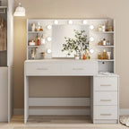 Makeup Vanity with Mirror and Lights,3 Lighting Colors,Bedroom Vanity Table with Charging Station,White Make Up Desk with 5 Drawers Storage and Open Shelves
