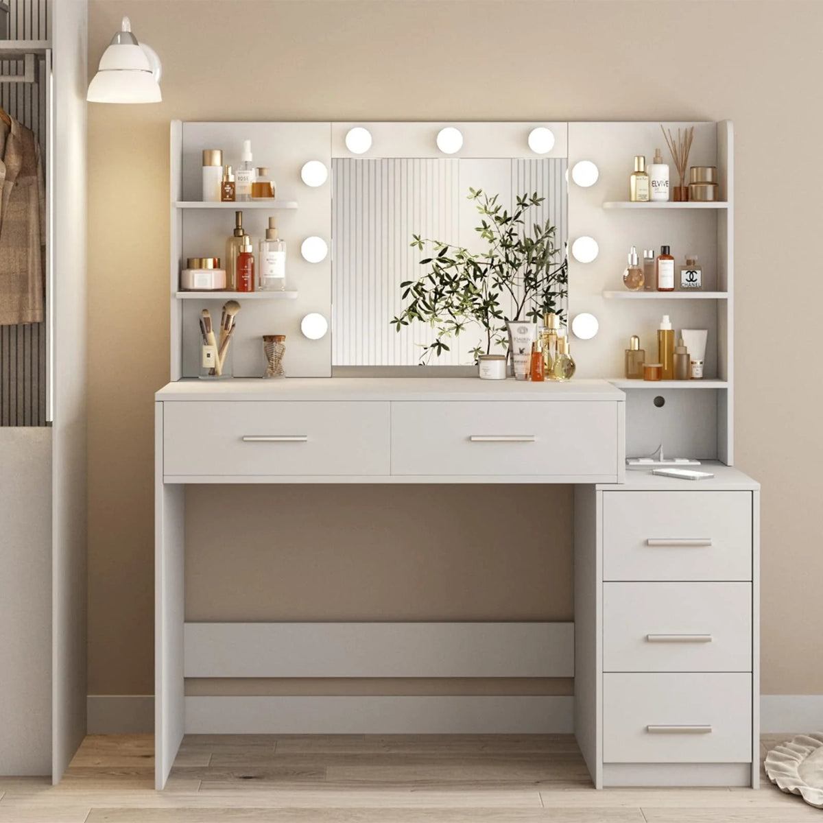 Makeup Vanity with Mirror and Lights,3 Lighting Colors,Bedroom Vanity Table with Charging Station,White Make Up Desk with 5 Drawers Storage and Open Shelves