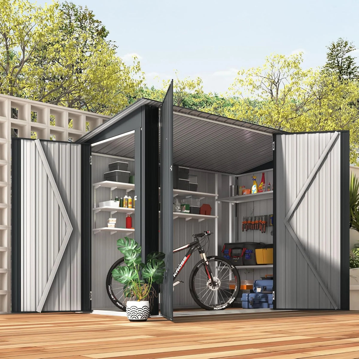 YODOLLA Outdoor Storage Shed, 3 x 7 Ft Bike Sheds & Outdoor Storage, Small Metal Outdoor Storage Cabinet for Garden