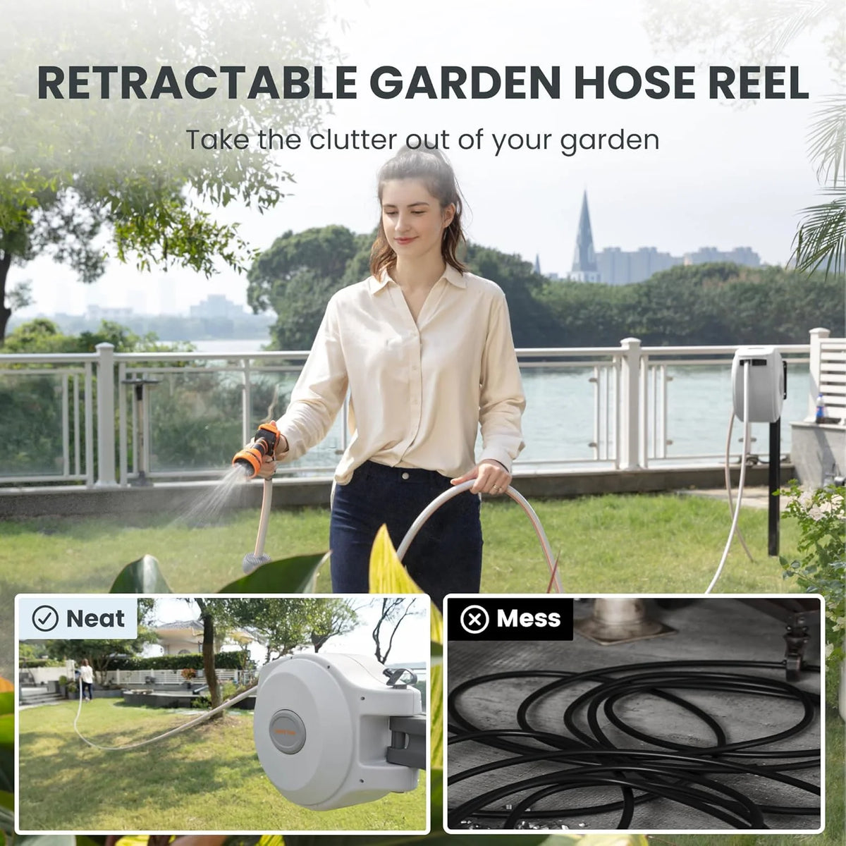 Giraffe Tools Retractable Garden Hose Reel with 1/2in-100ft Water Hose, Plastic Bracket, Wall Mounted, Dark Grey