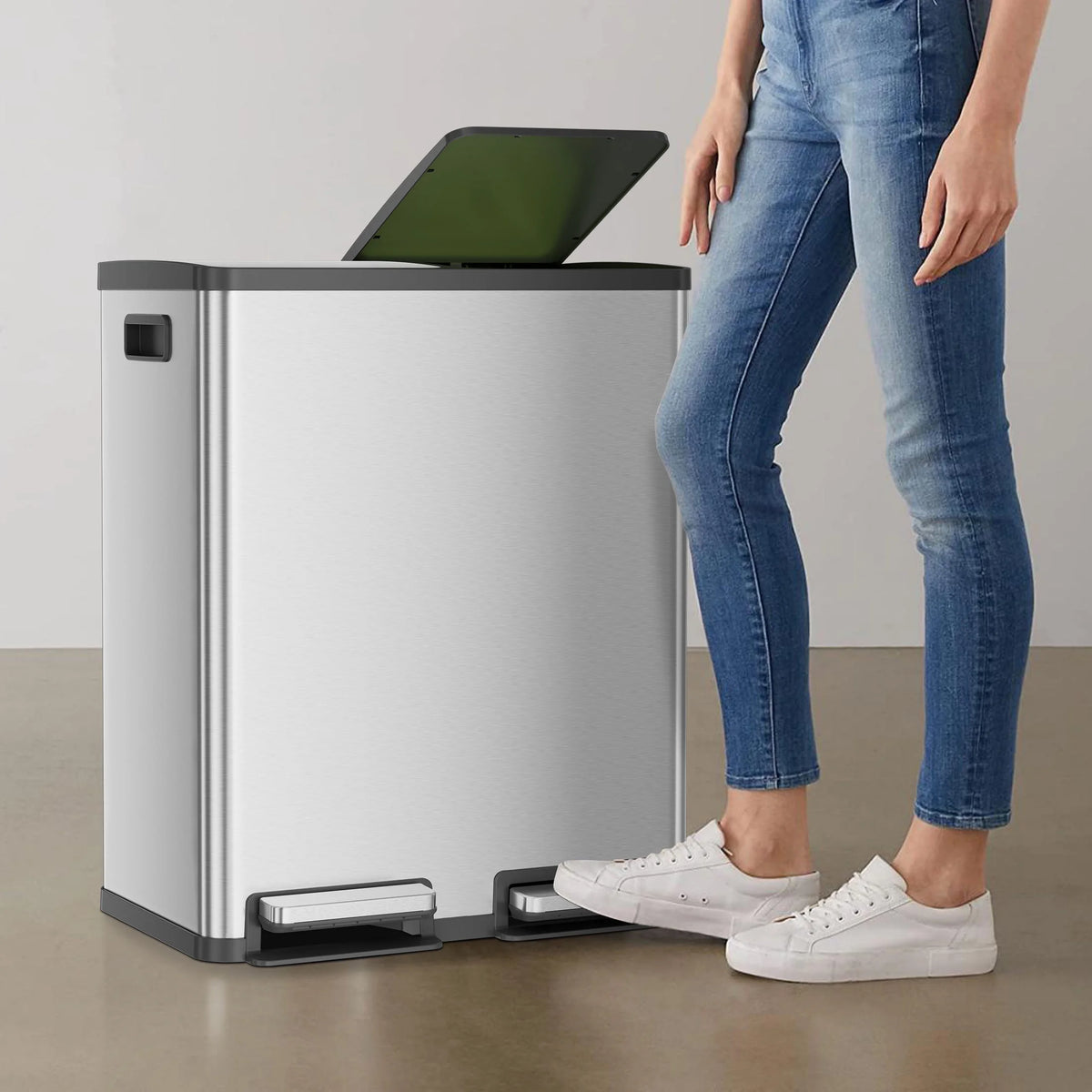 EDX 2 x 8.3 Gallon Dual Garbage Recycle Trash Can with Lid, Inner Buckets for Kitchen, Stainless Steel, Sliver