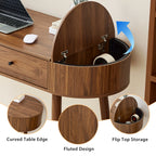 YOCWO Modern Home Office Desk with  2 Drawers and 2 Fflip-top Storage, Oval Computer PC Desk Table, Vanity Desk with Fluted Curved Table Edge, Walnut