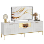 Bestier 55" LED TV Stand for TVs up to 60" Modern High Gloss Entertainment Center with Drawers Cabinets Fluted TV Console, White & Gold