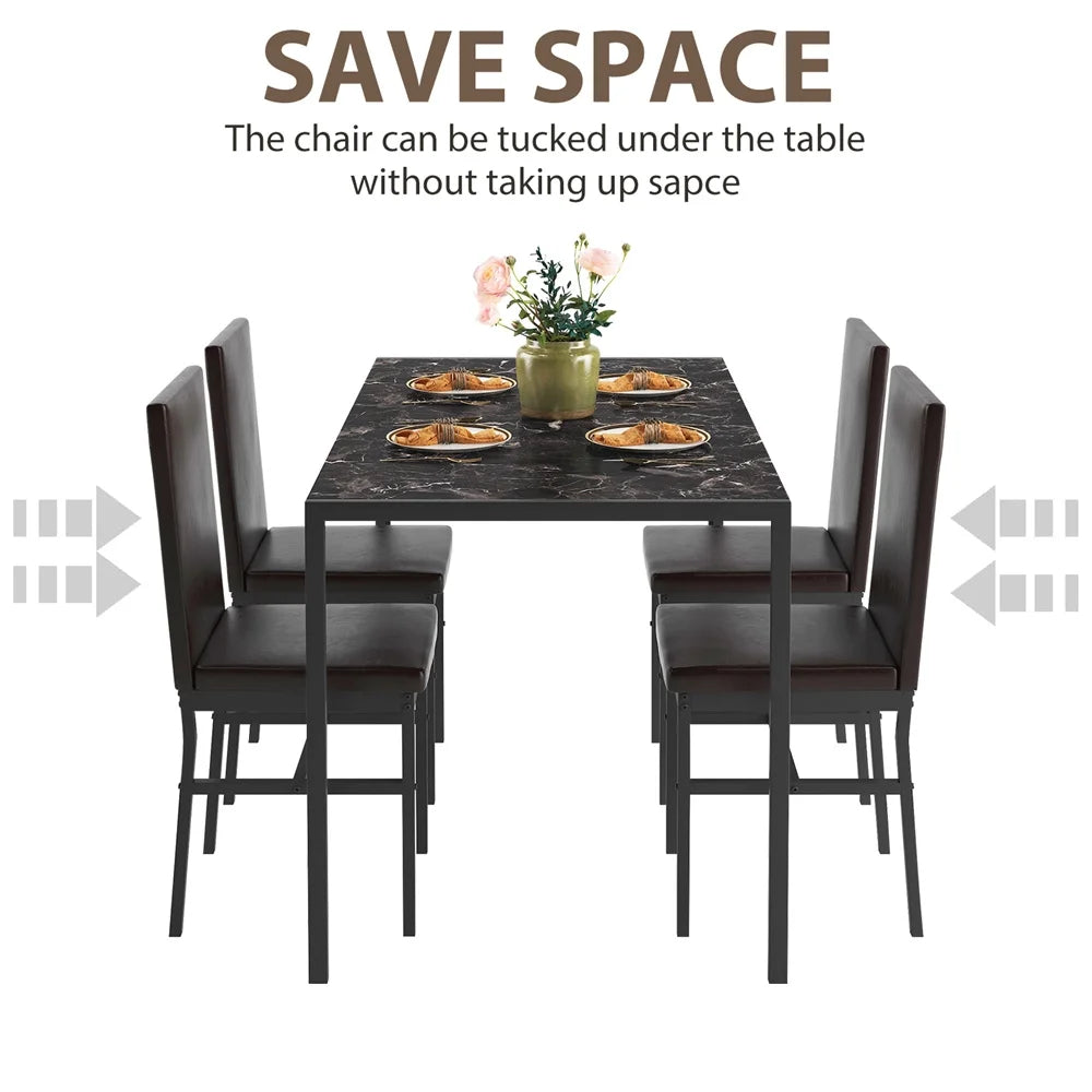 5 Piece Dining Room Table Set, Modern Dining Table Sets with Gray Velvet Upholstered Chairs for 4, Faux Marble Pattern Rectangle Kitchen Table Set for Bar Living Room Breakfast Nook Small Space