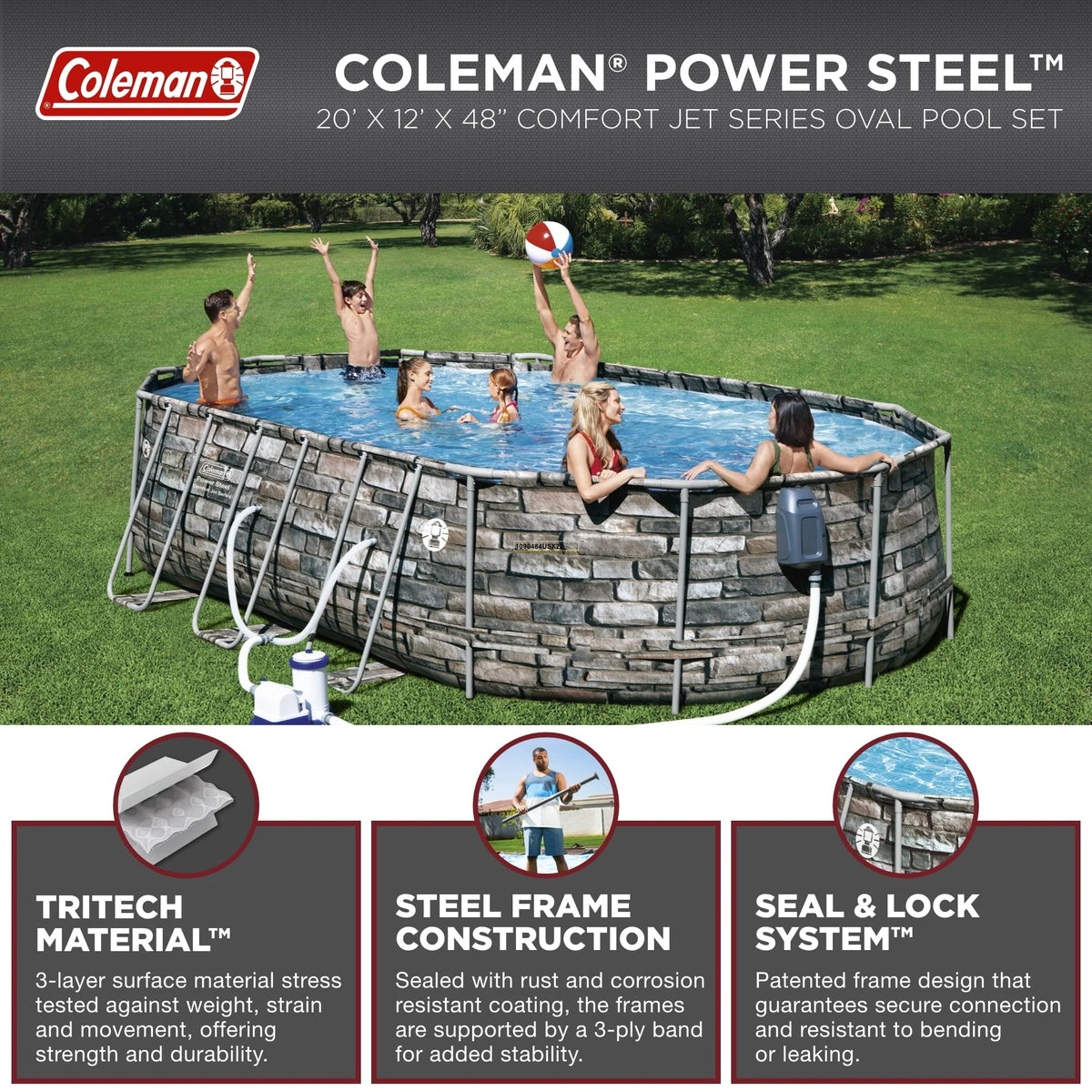 Coleman 20' Power Steel Comfort Jet Oval 48" Deep Metal Frame Above Ground Pool
