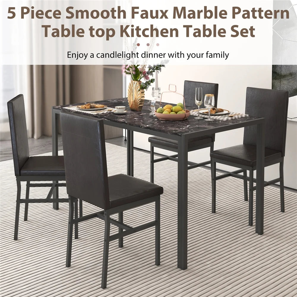 5 Piece Dining Room Table Set, Modern Dining Table Sets with Gray Velvet Upholstered Chairs for 4, Faux Marble Pattern Rectangle Kitchen Table Set for Bar Living Room Breakfast Nook Small Space