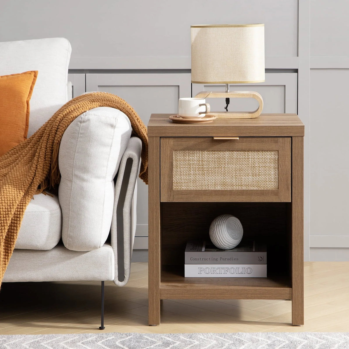 Surmoby Rattan Nightstand Set of 2,Farmhouse Bedside Tables with Drawer and Storage Shelf,Natural Boho End Table Side Table for Bedroom,Living Room