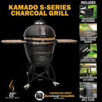 22 in. Kamado S-Series Ceramic Charcoal Grill in Black with Cover, Cart, Side Shelves, Two Cooking Grates and Ash Drawer