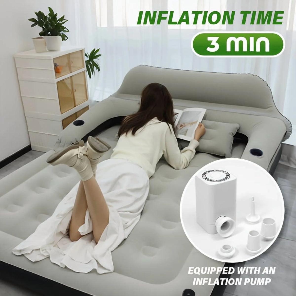Double Bed Automatic Inflatable Mattress with Backrest Pillow with Inflatable Pump Portable Air Cushion Outdoor Camping Home Inflatable Mattress Bed