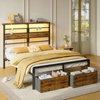 Pinmoco LED Queen Bed Frame with 49.2" High Storage Headboard and 4 Drawers, Adjustable Base Height Metal Platform Bed with Charging Station, Rustic