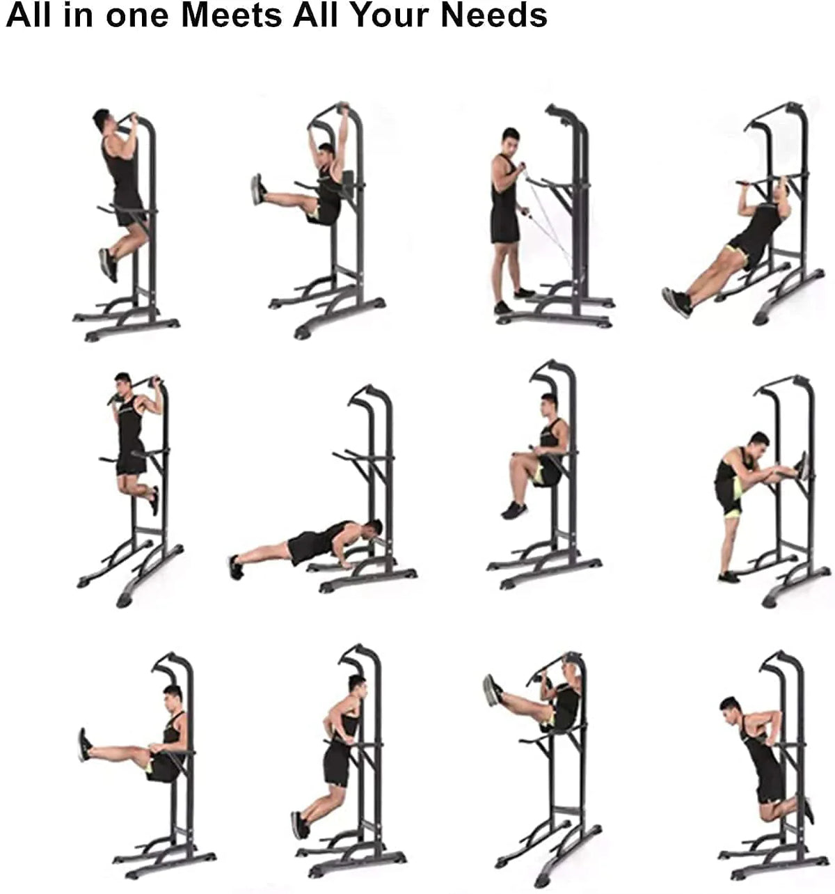 PROHIKER Power Tower Dip Station, Pull Up Bar Stand Power Rack with Backrest and Resistance Band, Height Adjustable Strength Training Equipment for Fitness Home Workout, Black