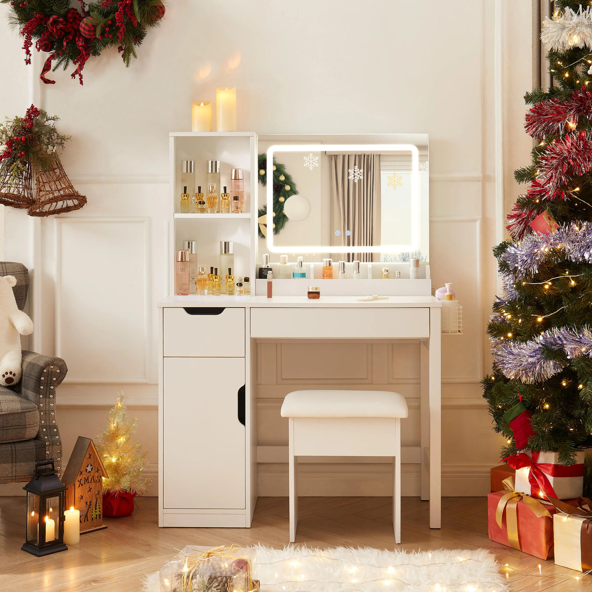Mainstays Get Ready with Me GRWM Deluxe 2-Piece Vanity and Stool with Lighted Mirror and USB Power, White Finish