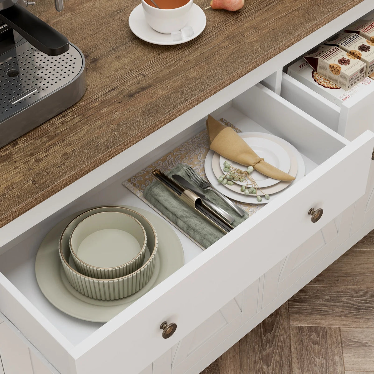 Homfa 55.1'' W Farmhouse Storage Cabinet, 4-Doors 2-Drawers Wood Sideboard with Adjustable Shelves for Kitchen Dining Room, White