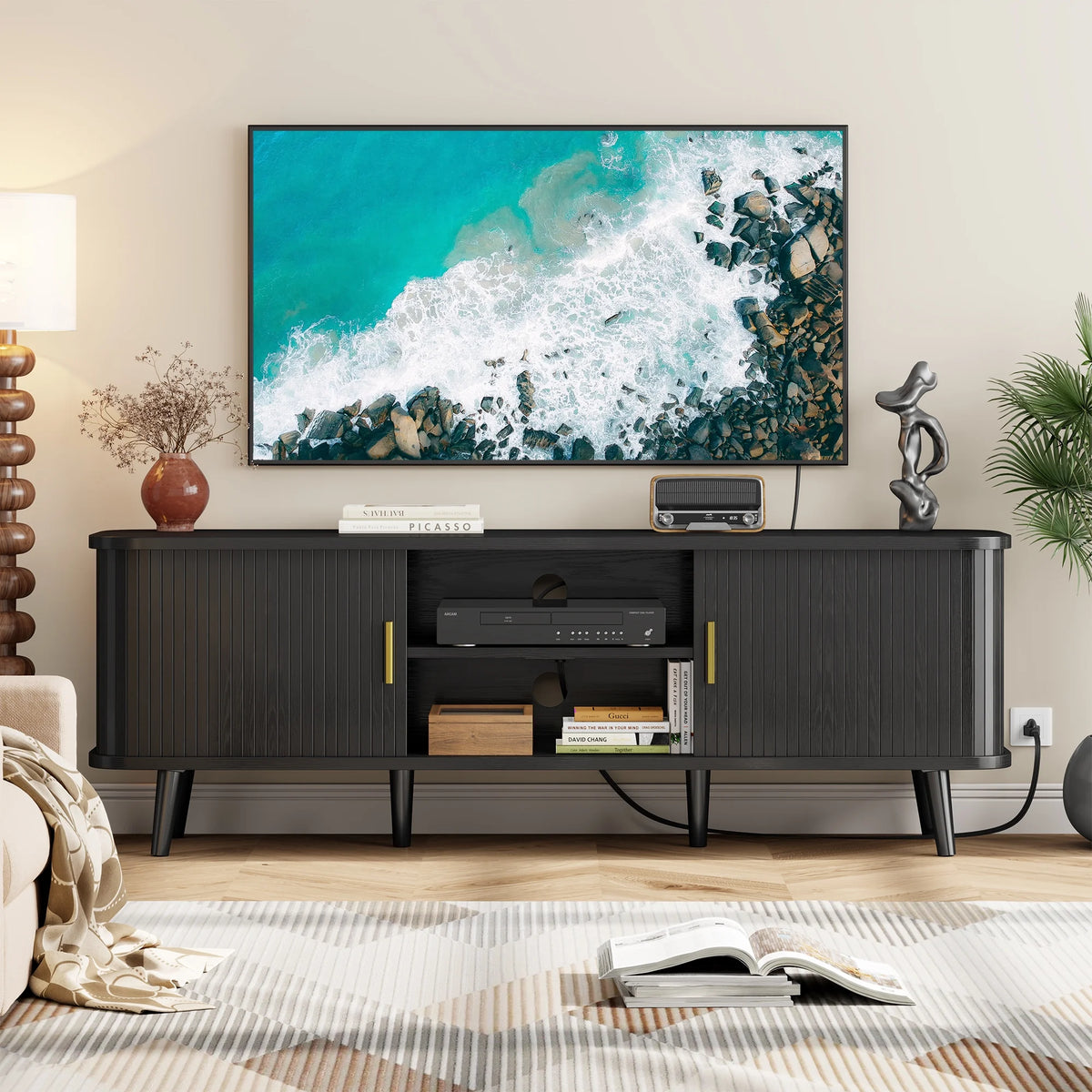 Laintene 59" TV Stand, Fluted TV Stand for TVs up to 65", Entertainment Center with Storage and Sliding Doors, Modern Media Console with Power Outlet for Living Room, Walnut