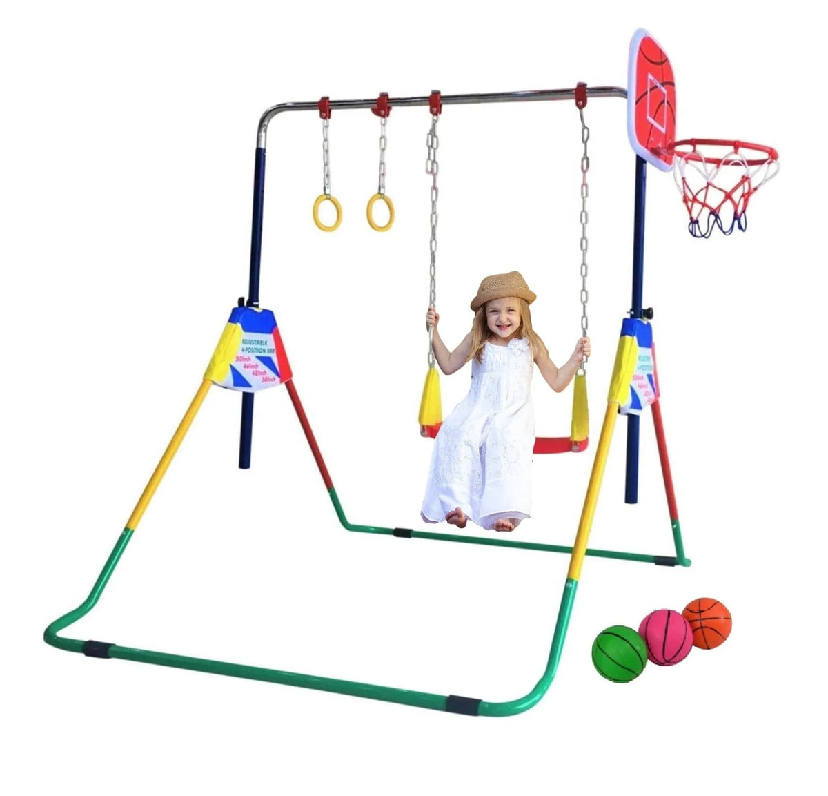 Adjustable Height Gymnastics Bar for Kids Kip Bar 6 in 1 Set, 6'x2' Gymnastic Tumble Mat, Swing Seat, 2 Trapeze Rings, Basketball Hoop, Home Junior Training Monkey Bars Fitness Balance Horizontal Bar