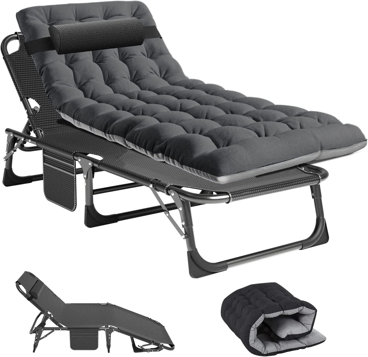 SLSY Folding Camping Cot with 2 Sided Cushion & Pillow, Adjustable 5-Position Outdoor Portable Folding Lounge Chair, Folding Sleeping Cots Bed