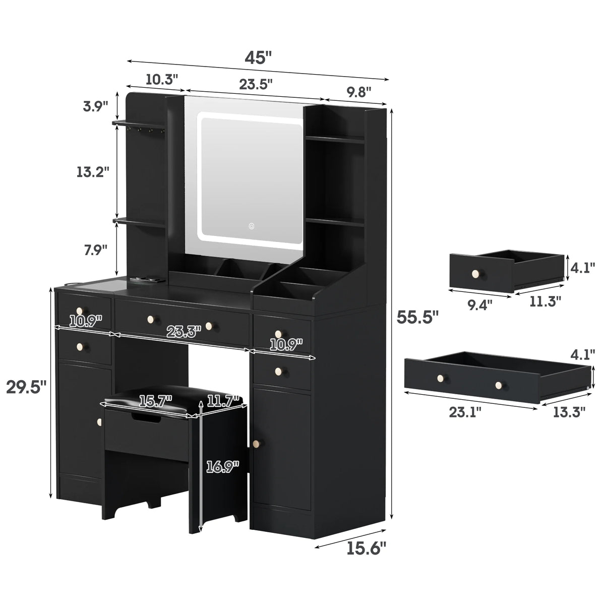 Vanity Set with Mirror and Lights, Makeup Table with Charging Station,5 Drawers & Storage Shelves, White