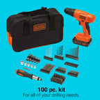 BLACK+DECKER 20V Cordless Drill, 1.5 Amps, 100 Piece Set, Battery and Charger Included