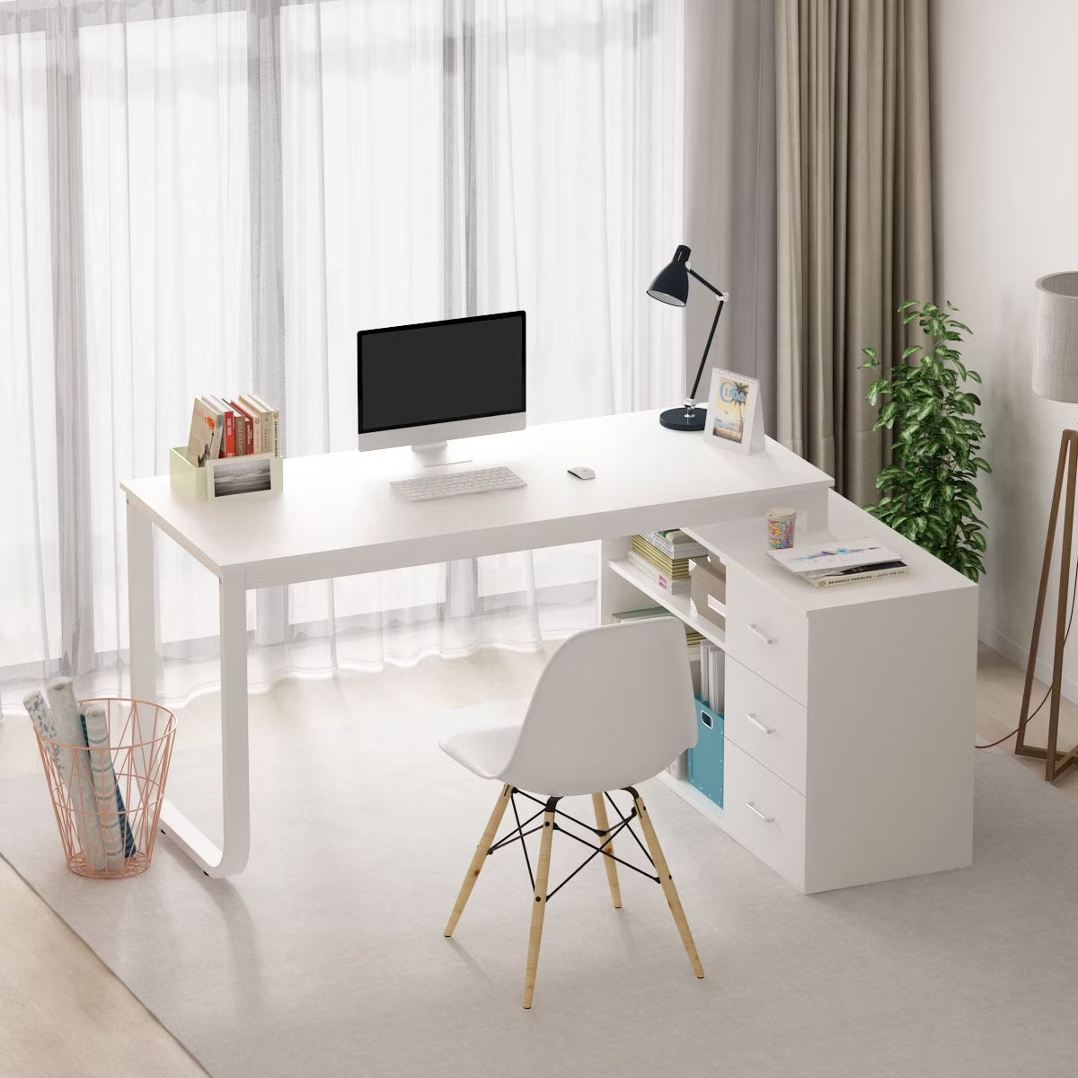 WIAWG 55" White L Shaped Desk with Storage Shelf Corner Office Writing Desk Study Workstation Table