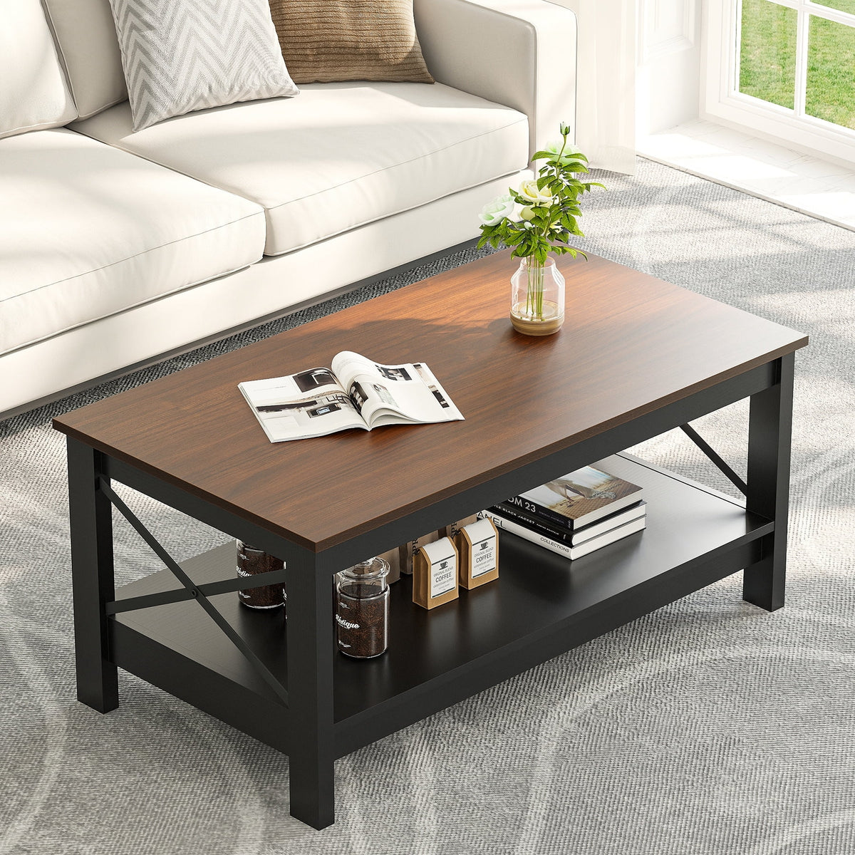 Moasis Farmhouse Coffee Table with Storage 2-Tier Center Table for Living Room Grey Wash Top+White